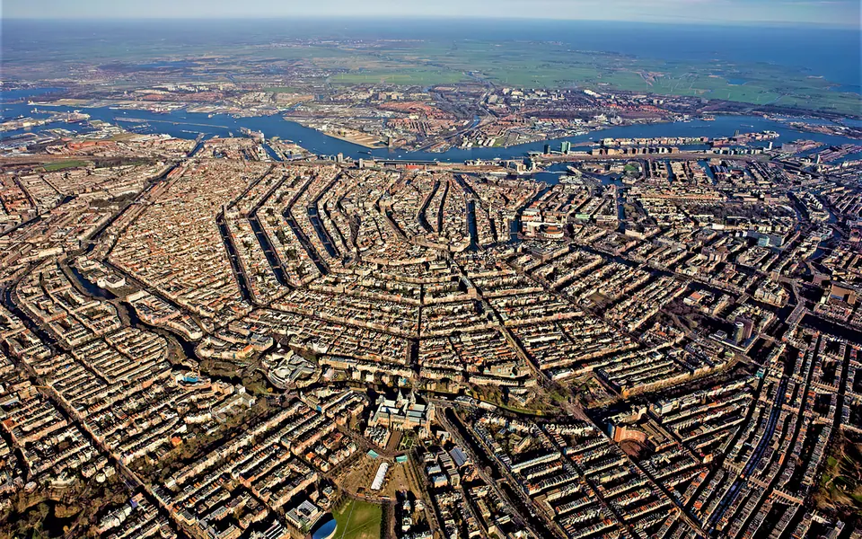 Aerial view of the concentric canal belt (grachtengordel) in Amsterdam.
