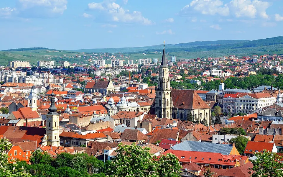 Looking over the city of Cluj-Napoca towards Union Square and St. Michaels Church.