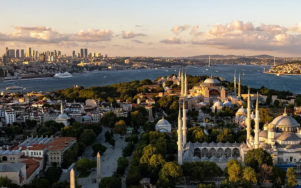 Aerial view of the historical peninsula and modern skyline of Istanbul