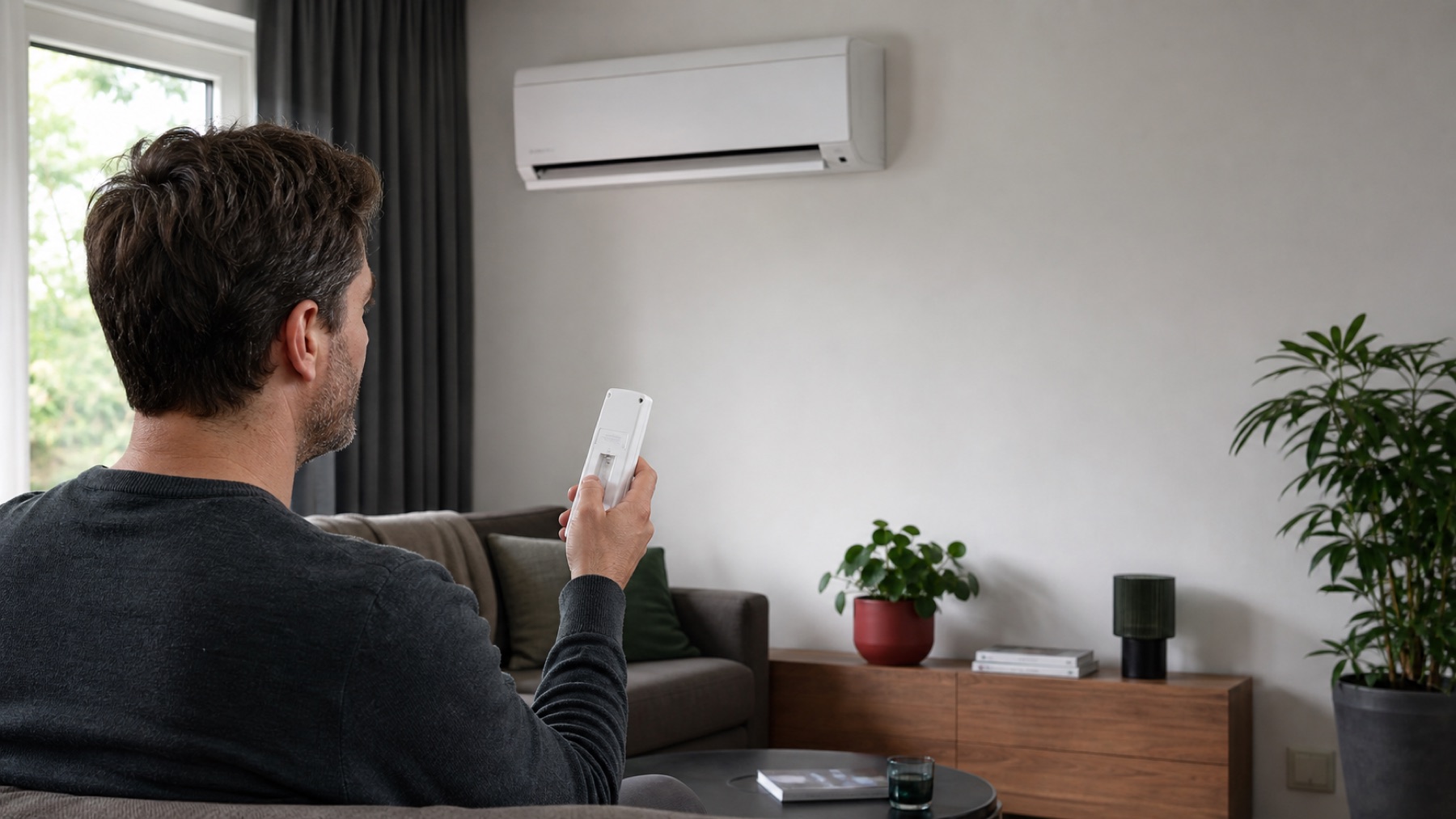 Homeowner checking an unbranded air conditioner remote while looking at the indoor unit