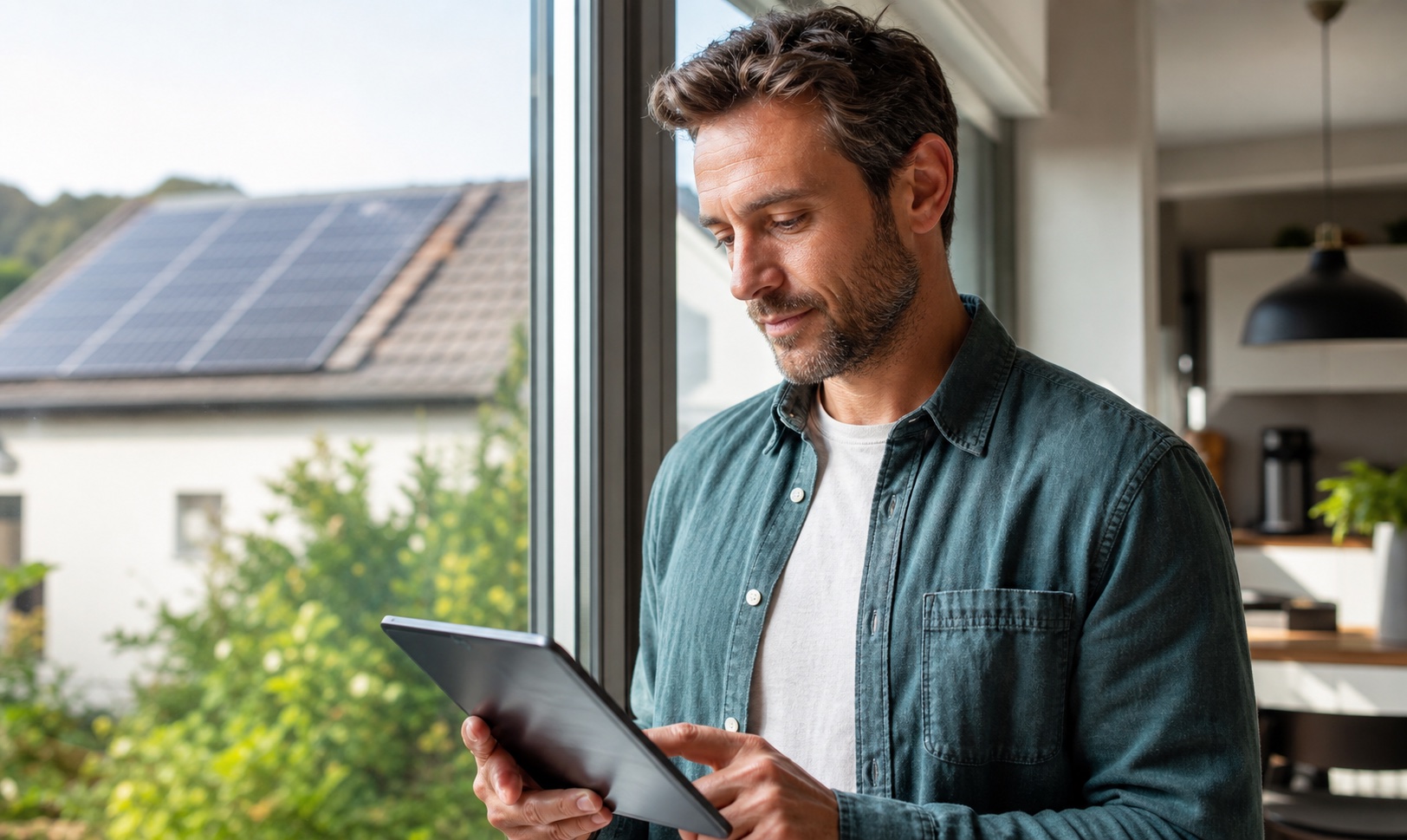 Homeowner checking solar production beside rooftop solar panels.
