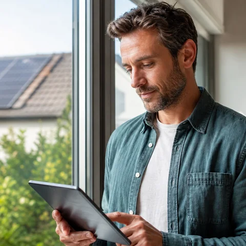 Homeowner checking solar production beside rooftop solar panels.
